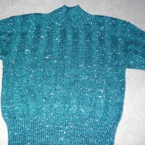 Vintage Garland Teal White Knit Mock Neck Long Sleeve Pullover Sweater Women